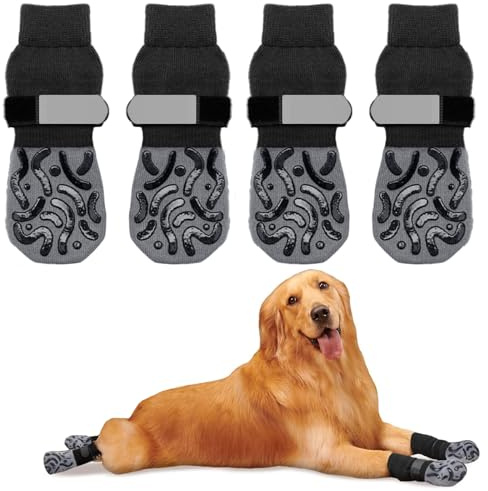 SHUOHONG 4 stycken hundstrumpor halkfria, hundskor strumpor med justerbar rem kardborreband, tasskydd hund husdjurs tassar skyddsstrumpor på hårt trägolv (L)