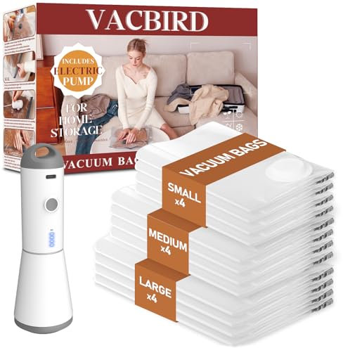 Vacbird Vacuum Storage Bags with Wireless Electric Air Pump, 12-Pack Airtight Compression Bags for Clothes, Blankets, Home Storage