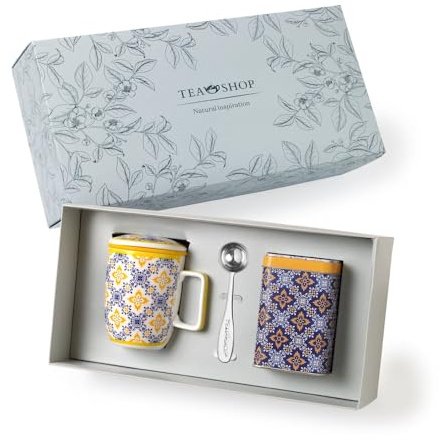 TEA SHOP - Pack Taza de porcelana con Filtro y Tapa + Lata y Cuchara medidora - Set Tea Time Azulejo Portugués Amarillo - Perfecto para Regalo