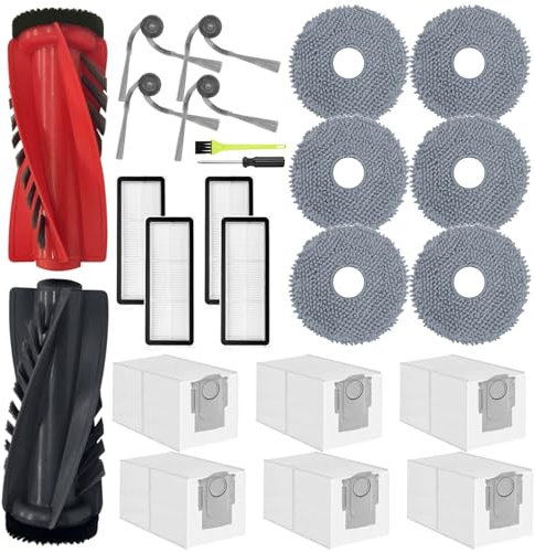 Accessoires de Remplacement pour Roborock Qrevo Curve/Qrevo Edge/Qrevo Curv S5X/ Qrevo Edge S5A/ P20 Pro, 1 Brosse Principale, 6 Sacs à Poussière, 6 Chiffons, 4 Filtres HEPA, 4 Brosses Latérales
