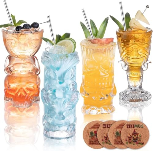 USEEKRIL Juego de 4 vasos transparentes Tiki – Vasos de cóctel tropicales exóticos con pajitas y posavasos, vasos de estilo hawaiano para cócteles, mai tai, zombi y pia colada