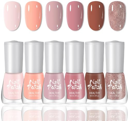 6 Farben Nagellack Nude Set - Atmungsaktiv Schnell Trocknend Nagelack - Ungiftig Nagellack auf Wasserbasis - Hochglanz Glitzer Nail Polish für Frauen DIY Salon Geschenk Maniküre (Nude)