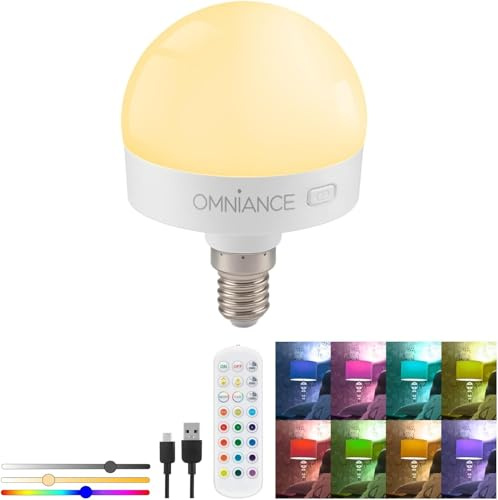Omniance Rechargeable LED Light Source Bulb with Remote, E14 Adaptor | Cordless colour changing dimmable, magnetic mounting, 30 60 120 minute timer, for shelves, cupboards and reading