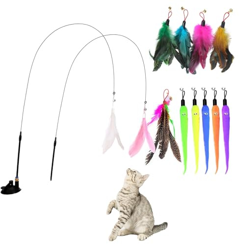AMSGANK Juego de Juguetes para Gatos Interactivos, Juguete de Pluma para Gatos con Ventosa y Plumas de Repuesto para Uso en Interiores, para Gatitos y Cachorros Jugar Solo