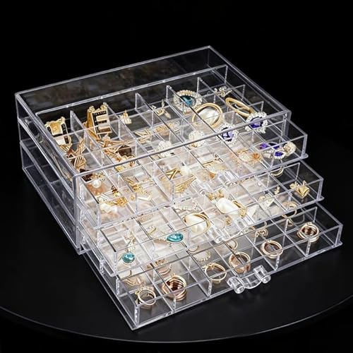 GOEDCH Scatola per l'organizzazione dei gioielli: organizzatore trasparente con 3 cassetti, 72 piccoli scomparti, antipolvere per orecchini, collane, anelli, bracciale