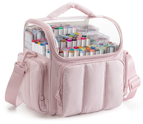 Rexmica Grand Sac de Rangement pour 210 Marqueurs à Dessin, Rose | Rangement Rembourré avec Bandoulière pour Feutre à Alcool pour Adultes, Artistes, Enseignants et Passionnés de Coloriage