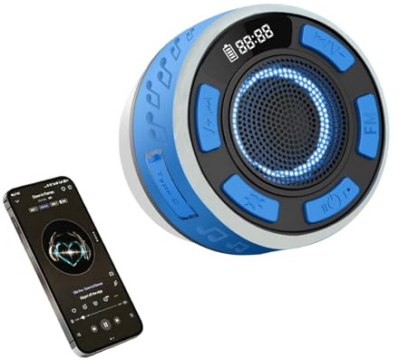 PUSOKEI Bluetooth Duschhögtalare med 360° HD Stereoljud, IPX6 Vattentät Trådlös Högtalare med RGB-ljus, Sugkopp och Mikrofon, LED-skärm Liten Duschradio (Blå)