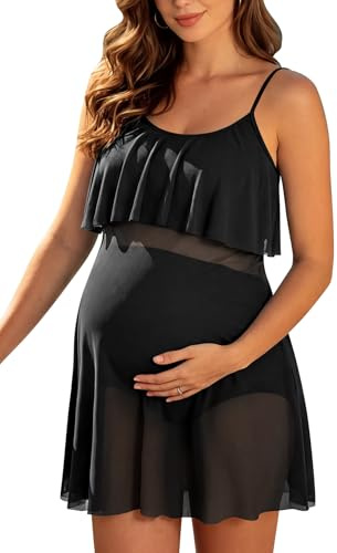 SHEKINI Maternity One Piece Swimsuits Mesh Dresses Pregnancy Swimwear Black