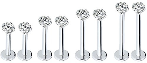 Jeonjoe Injoy Jewelry 4 Pairs 16G Stainless Steel 3mm Round Cubic Zircon Lip Studs Labret Monroe Nose Tragus Helix Ear Piercing Jewelry 6-12mm Bar Length