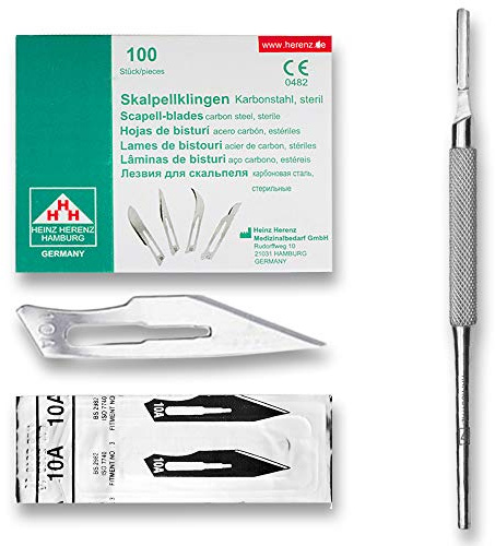 Set avec 100 x lames de scalpel N° 10A - Lame stérile en acier au carbone et 1 x May - manche de scalpel Figure N°3 avec manche rond en acier inoxydable