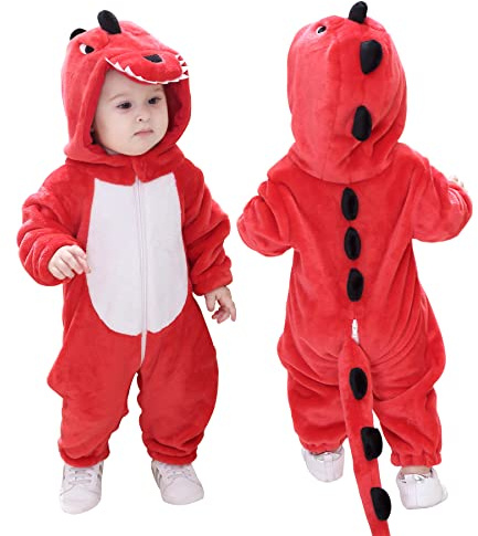 Doladola Unisex sparkdräkt för småbarn, baby-overall med huva, tecknad serie-pyjamas(2-3 år, Röd dinosaurie)