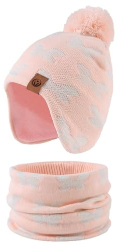 Cappello e sciarpa lavorati a maglia per bambini, berretto invernale per bambini piccoli maschi e femmine, con fodera in pile e pompon, Set rosa, 2-4 anni