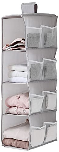 XiXiRan Hängeregal Kleiderschrank, 4 Fächer Hängender Organizer Schrank, mit 12 Netzseitentaschen für Familienschrank Schlafzimmer, Faltbar und Universal Fit- 30 * 22.5 * 80cm (Grau)