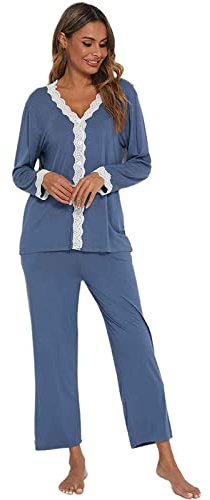 Jecarden Pigiama da Donna Set Pigiama a Maniche Lunghe in Cotone Modale Pigiama a Due Pezzi con Rifiniture in Pizzo per Donna Abbigliamento Casual