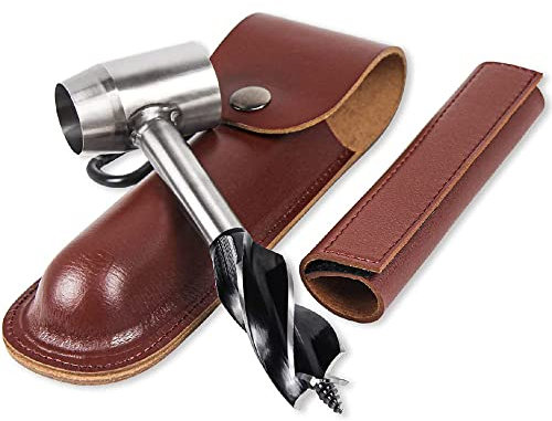 Manueller Bohrer, Holzbearbeitung Handbohrer Handgefertigter Bohrer mit Ledertasche für Bushcraft Siedler Schraubenschlüssel Holzbohrer Bohrer Outdoor Holz Peg Hole Maker für Camping (Brown)