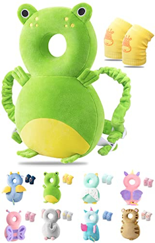 JEJA Baby Head Protector Backpack and Baby Knee Pads for Crawling, Adjustable Head Back Protection Safety Pads Toddler Walking, Frog