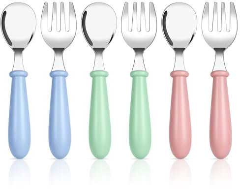 Vicloon Baby Gabel und Löffel Set,6-teiliges Babylöffel Gabel, Edelstahl Löffel, Selbsternährende Lernutensilien, Kinder Baby Edelstahl Geschenk