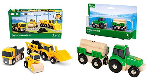 BRIO World 33658 Baustellenfahrzeuge - Ergänzung Holzeisenbahn - Empfohlen ab 3 Jahren & 33799 - Traktor mit Holz Anhänger, bunt