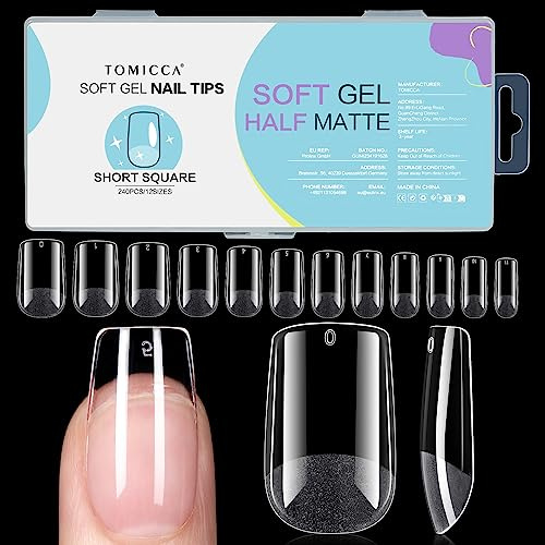 TOMICCA Square Shaped Short Nail Tips - 240PCS Half Matte Soft Gel, No File Needed- Full Cover False Nails, Clear Acrylic & Strong Tips for Press On Extension - 12 Sizes