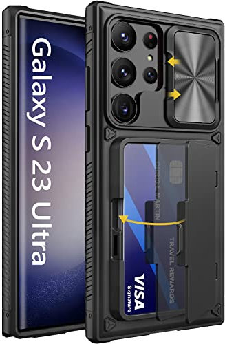 Vihibii Cover per Samsung S23 Ultra con Porta Carte e Scorrevole per Fotocamera, TPU Robusto Resistente ai Graffi, Protezione di Livello Militare Custodia a Portafoglio per Galaxy S23 Ultra, Nero