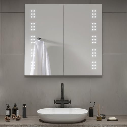 Warmiehomy Bathroom Mirror Cabinets with Lights,650x600mm LED Illuminated Bathroom Mirror Cabinet with Shaver Socket Sensor Switch Demister Pad Dual Door 60 Small Lights