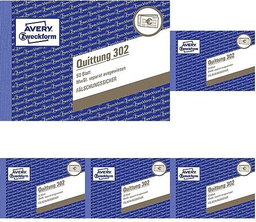 AVERY Zweckform 302 Quittungsblock (A6 quer, 50 Blatt, fälschungssicher, separat ausgewiesene MwSt., für Deutschland und Österreich) weiß (Packung mit 5)