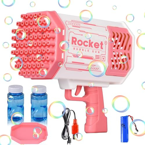 JONRRYIN Bubble Machine Gatling, 69 Agujeros Bazooka Launcher Bubble Máquina, Pistola Burbujas con Light Up Bubbles, Bubble Gun Toy Automáticos para Fiestas Interiores Aire Libre Verano (Pink)