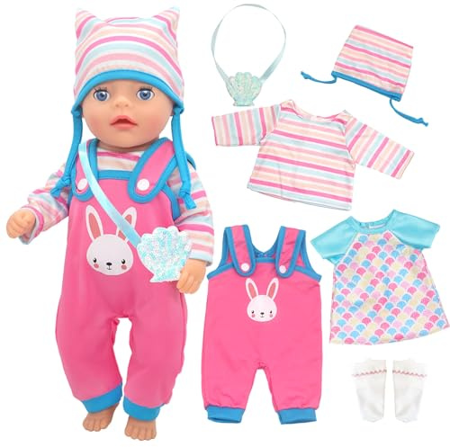 Baby Doll Clothes for 12-14 Inch Dolls, 6 Pcs Bunny Doll Outfits with Hat Socks Dress and Shell Bag for 30-35 cm Sweet Doll Clothes Girls Birthday Gift