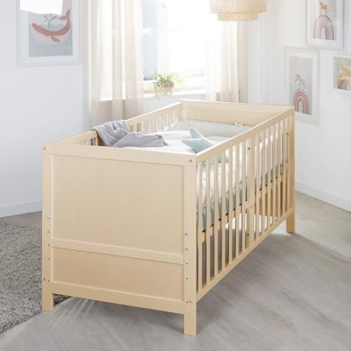 roba Babybett EASY SLEEP 70 x 140 cm inkl. Umbauecken - Mitwachsendes Gitterbett 3-fach höhenverstellbar - 3 Schlupfsprossen - Holz natur