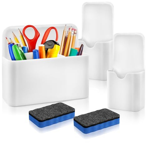 NEWJEK 3x Porte-stylos Magnétiques avec Séparateurs Réglables et 2 Éponges, Puissant Aimant pour Tableau Blanc, Réfrigérateur, Bureau, Maison, École