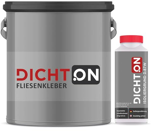 Fliesenkleber 10kg Set mit 1l Grundierung - Fertigkleber wasserfest & frostsicher für Keramik, Gips, Klinker, Putz innen & aussen, Wand & Boden Dispersionskleber, Dünnschichtkleber © DICHTON D.85W