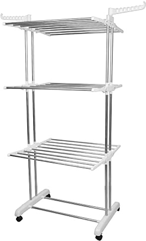 HUOLE Séchoir à Linge Tour 3 Niveaux Ailes Pliables en Acier Inoxydable avec 4 Roues Grande Capacité Ultra Stable Étendoir à Linge pour Usage Intérieur/Extérieur-72 * 64 * 170cm (Blanc)
