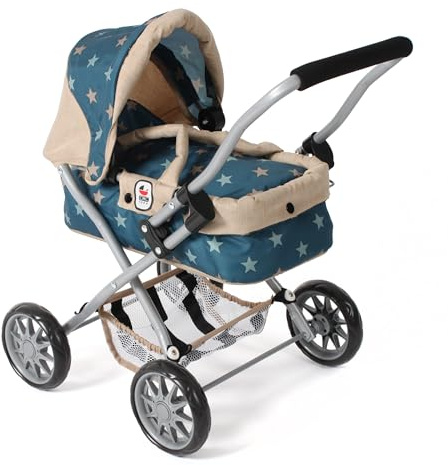 Bayer Chic 2000® Passeggino per bambole Smarty – stelle turchese beige – pieghevole – con tettuccia, borsa, cuscino e coperta – altezza manico 56 cm – per bambini dai 2 anni in su