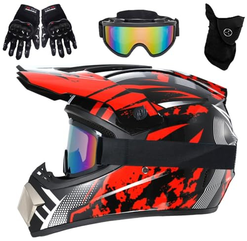 Caschi da Motocross E Cross Per Bambini Dai 9 Ai 14 Anni, con Occhiali, Guanti E Maschera, Set da 4 Pezzi, Caschi da Mountain Bike E Fuoristrada Per Ragazzi E Ragazze, Omologati DOT(Red Storm,M(54-55c