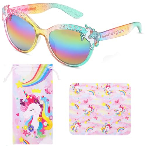 Beipegin Lunette Soleil Enfant,Protection UV400 Lunettes de Soleil Fille Lunette Licorne et etui Lunettes Souple pour Festival Piscine Fête de Vacances à La Plage
