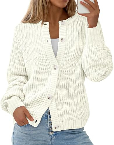 PRETTYGARDEN Womens Oversized Sweater Chunky Long Sleeve Ribbed Knit Short Spring Sweaters for Women 2026 Outfits Coat (White, Small)