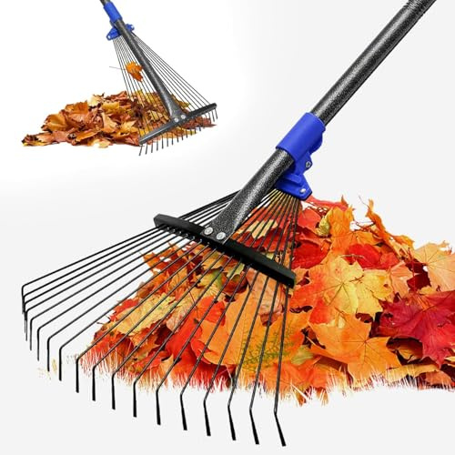 FLY HAWK Rastrillo de Hojas Ajustable, 178cm Rastrillo Hojas Regulable con Mango - Rastrillo de Metal con 20-43cm Cabeza para Adultos y Niños, para Limpiar Plantas Césped y Patio