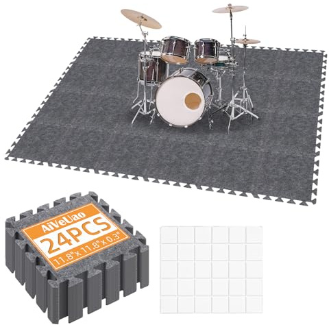AiVeUao 24Pcs Sound Absorbing Interlocking Floor Mats, 11 x 11 x 0.3 Inch High Density Piano Carpet Drum Rug, Non-Slip Anti Vibration Soundproof Pads, Grey