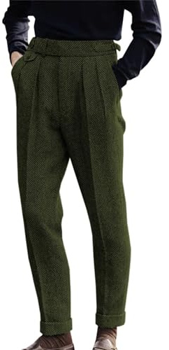 Pantaloni da uomo in tweed a vita alta, pantaloni vintage in lana con pieghe sul davanti, pantaloni tuta con vita espandibile, pantaloni Ben Davis, verde, XL