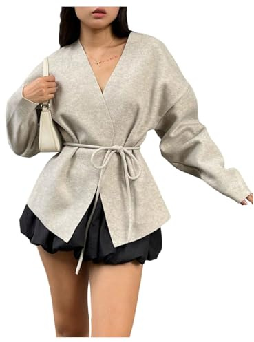 Verdusa Women's Fall Clothes Cardigan Sweaters Wrap Sweater Long Sleeve Tie Knot Sweaters Outerwear Apricot Small