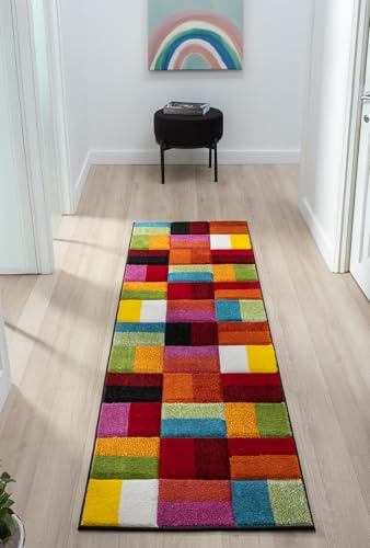 Lord of Rugs Quality Handcarved Geometric Design Rainbow Bedroom Living Room Multi Coloured Rug Largo Multi Runner 66x230 cm (2'1x7'7)