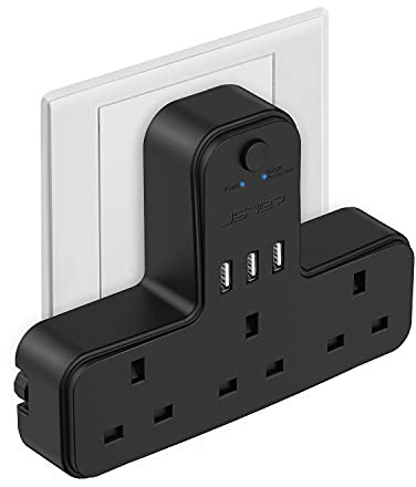 Plug Adaptor UK 3 Way, JSVER Plugs Extension Sockets with 3 USB Slots(5V/2.4A) Wall Socket Extension 13A for Home, Office, Kitchen,Black