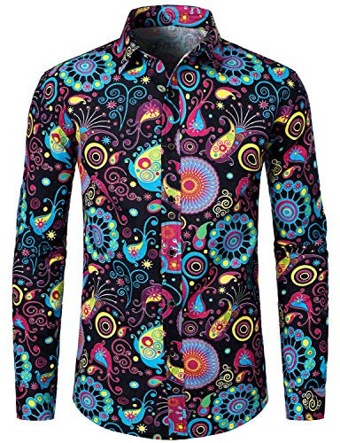 LucMatton Chemise boutonnée à manches longues en lin pour homme Motif traditionnel africain, multicolore, M
