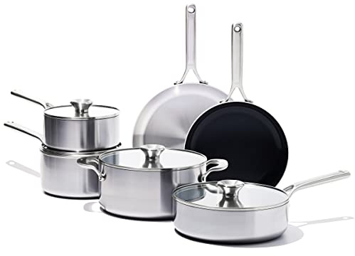 OXO Mira Tri-ply Stainless Steel, 10 Piece Cookware Pots and Pans Set, Skillets, Saute, Saucepans, Lids,Incl Ceramic Nonstick Frying Pan,Induction,Multi Clad,Metal Utensil Safe,Dishwasher & Oven Safe