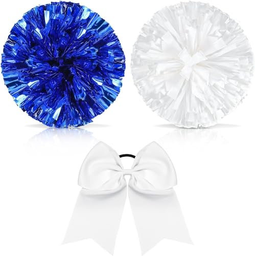 Theaque Cheerleader Pompons und Große Cheerleader Haarschleife für Mädchen 12 Zoll Metallic Cheerleader Pompons für Sport, Teamgeist, Anfeuerung (blau und weiß, mit weißer Schleife)