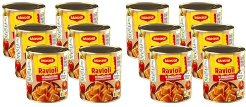 MAGGI Ravioli in Tomatensauce, Teigtaschen gefüllt mit würzigem Fleisch, in fruchtiger Tomatensauce, leckeres Fertiggericht, ideal für Camping, 12er Pack (6 x 800g)