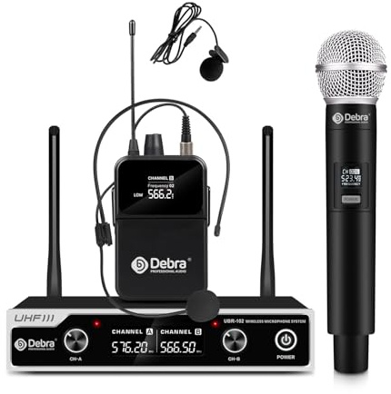 UHF Mikrofon Kabellos set mit Headset Kopfbügel Funkmikrofon/Lavalier Ansteckmikrofonen Bodypack Transmitter,Stabile Übertragungsdistanz 80m,für Kirche, Tagung,Aufführungen（1 Handheld & 1 Bodypack）