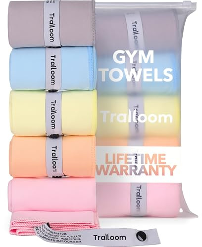 Trailoom Microfiber Workout Towels - Quick Dry, Highly Absorbing, Odor-Free, for Women & Men - Gym Sweat Sports Towel for Hot Yoga, Tennis, Running, Exercise, Working Out, Camping, Set of 5 Pastel