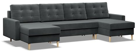 Mebligo - U-Förmige Ecksofa mit Schlaffunktion und Bettkasten BLANK, Couch U Form 294x88x140 cm, Klappsofa mit Schlaffunktion, Wohnzimmer Eckcouch mit Bettfunktion - Ecksofa Dunkelgrau