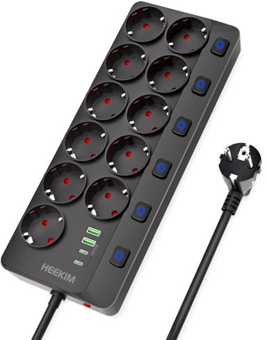 HEEKIM Steckdosenleiste mit USB, 11 Fach Mehrfachsteckdose mit USB (2 USB-A und 2 USB-C), 4000W 16A, Steckdosenleiste mit Einzeln Schaltbar für Haus, Schule, Büro, 2M Verlängerungskabel - Schwarz